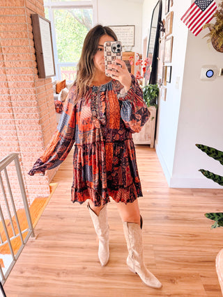Velvet Patchwork Mini Dress with Button Front