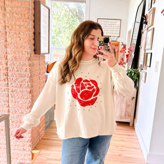 Cream Pullover Sweater with Red Rose Graphic and Stud Details