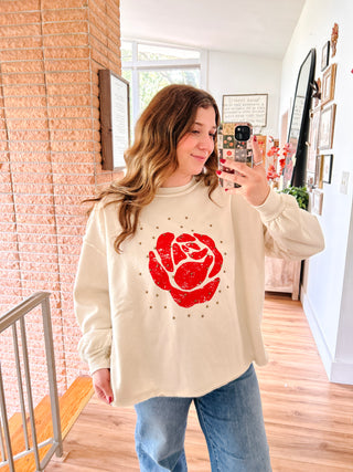 Cream Pullover Sweater with Red Rose Graphic and Stud Details