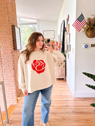 Cream Pullover Sweater with Red Rose Graphic and Stud Details