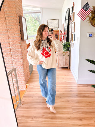Cream Pullover Sweater with Red Rose Graphic and Stud Details