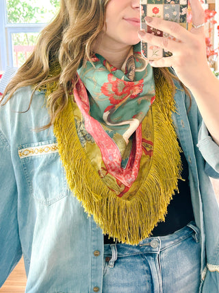 Crane Fringe Silk Scarf