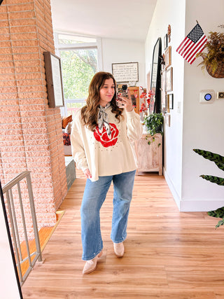 Cream Pullover Sweater with Red Rose Graphic and Stud Details