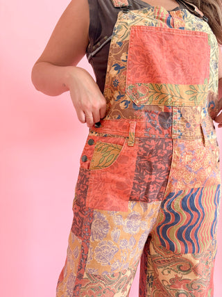 Retro Print Patchwork Overalls