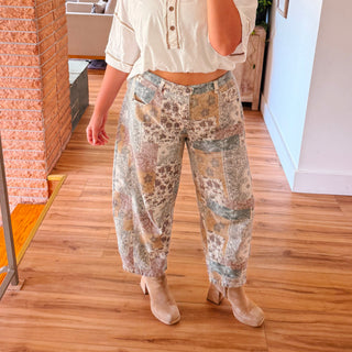 Boho Patchwork Barrel Leg High Rise Pants
