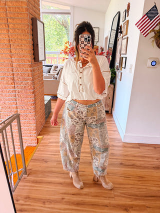 Boho Patchwork Barrel Leg High Rise Pants