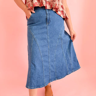 Stitch Denim Detail Midi Skirt