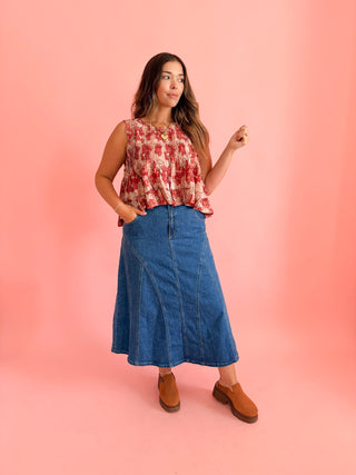 Stitch Denim Detail Midi Skirt