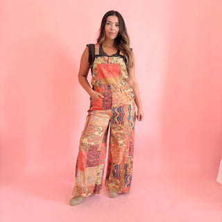 Retro Print Patchwork Overalls