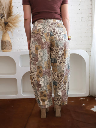 Boho Patchwork Barrel Leg High Rise Pants
