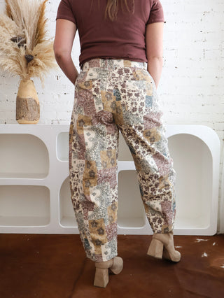 Boho Patchwork Barrel Leg High Rise Pants