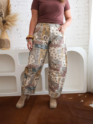 Boho Patchwork Barrel Leg High Rise Pants