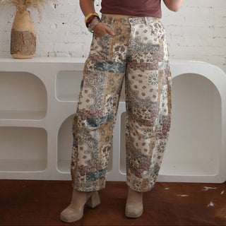 Boho Patchwork Barrel Leg High Rise Pants