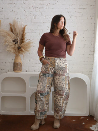 Boho Patchwork Barrel Leg High Rise Pants