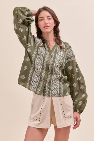 Olive Embroidered Top