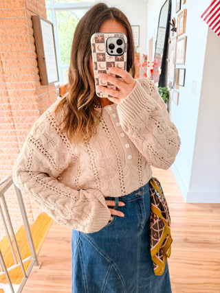 Taupe Cable Knit Henley Sweater