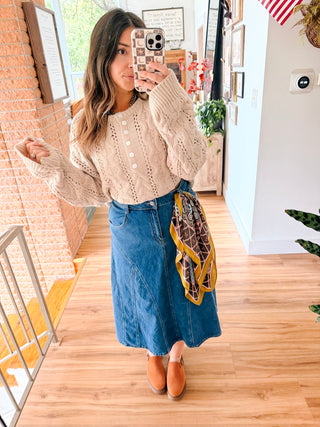 Taupe Cable Knit Henley Sweater