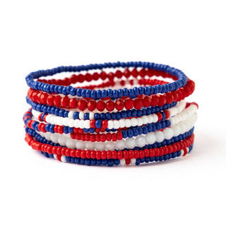 Red, White, & Blue Beaded 10 Strand Stretch Bracelet Set