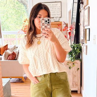 Cream Cable Knit Short Sleeve Sweater