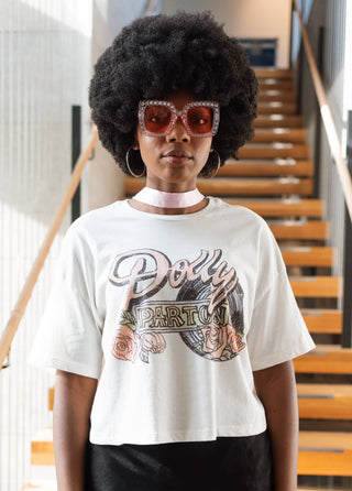 Dolly Parton Rose Record Off White Licensed Graphic Crop Tee