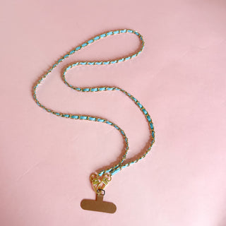 Light Blue Leather + Chain Phone Crossbody Strap