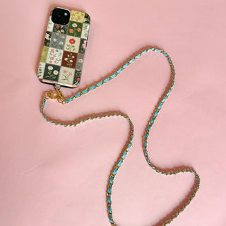 Light Blue Leather + Chain Phone Crossbody Strap
