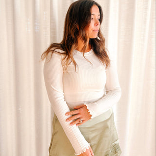 Ribbed Lettuce Trim Long Sleeve - White