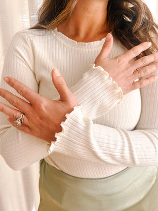 Ribbed Lettuce Trim Long Sleeve - White