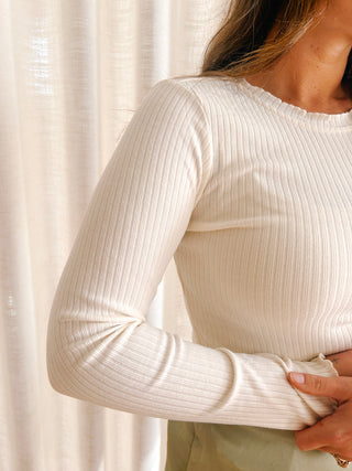 Ribbed Lettuce Trim Long Sleeve - White