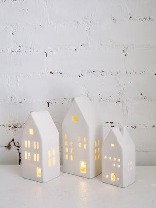 Set of 3 Matte White Ceramic Houses