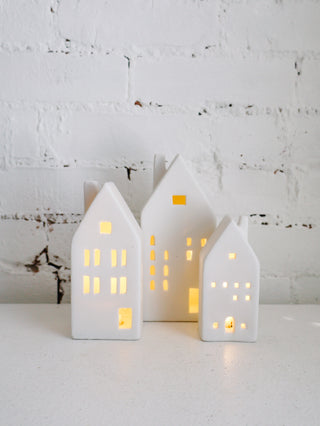 Set of 3 Matte White Ceramic Houses