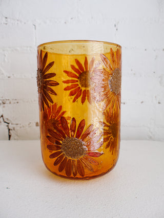 Warm Floral Mosaic Glass Hurricane - Large