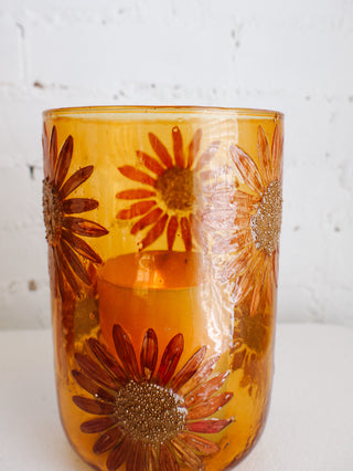 Warm Floral Mosaic Glass Hurricane - Large