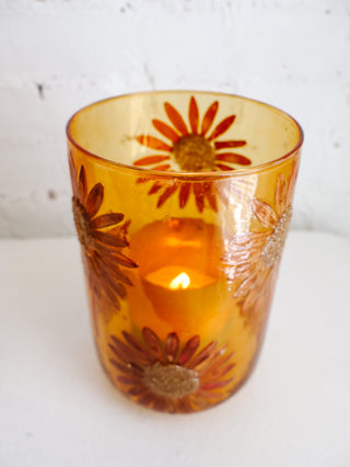 Warm Floral Mosaic Glass Hurricane - Large