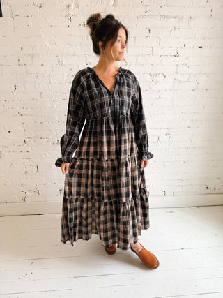 Ombre Plaid Flannel Tiered Ruffle Midi Dress