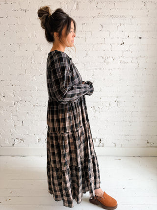 Ombre Plaid Flannel Tiered Ruffle Midi Dress