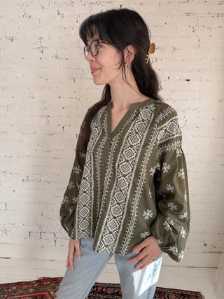 Olive Embroidered Top