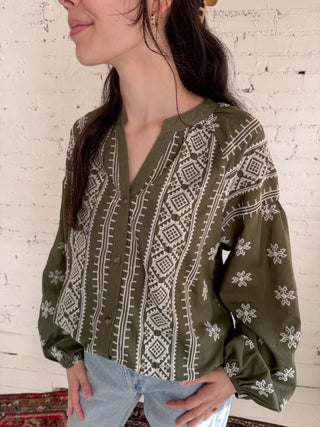 Olive Embroidered Top