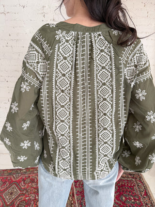 Olive Embroidered Top