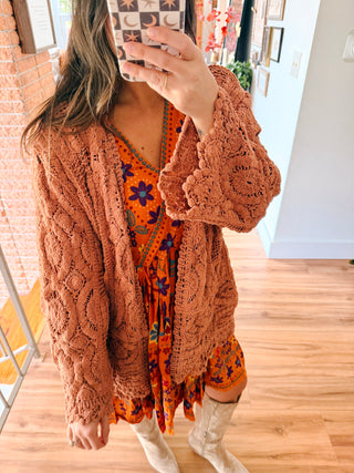 POL Camel Crochet Open-Knit Cardigan