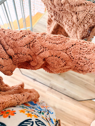 POL Camel Crochet Open-Knit Cardigan