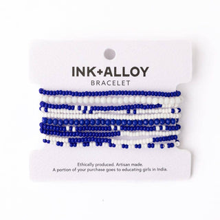 Blue + White Beaded 10 Strand Stretch Bracelet Set