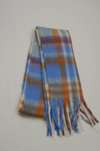 Oversized Plaid Scarf - Apricot + Blue