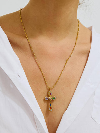 Esther Multi-Colored 18K Gold Cross Necklace