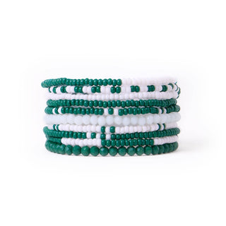 Green + White Beaded 10 Strand Stretch Bracelet Set