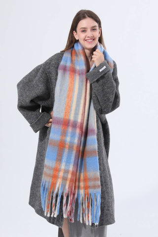 Oversized Plaid Scarf - Apricot + Blue