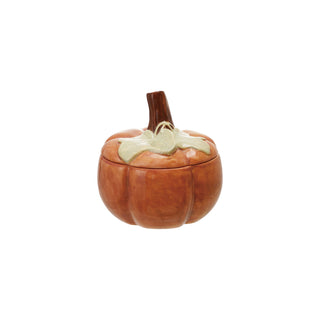 Stoneware Pumpkin Shaped Jar with Lid, Orange Color & Brown ©