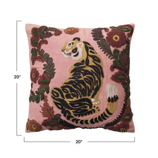 Embroidered Floral Tiger Pillow