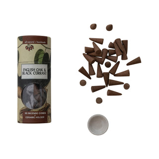 30 Piece English Oak & Black Currant Scented Incense Cones with Holder, Set of 31