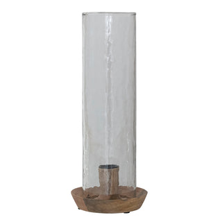 Mango Wood Taper Holder with Hammered Glass Hurricane, Natural, Set of 2